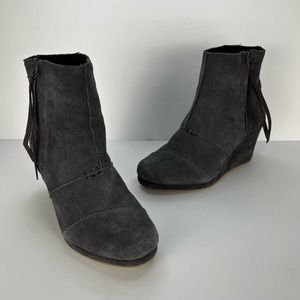 TOMS Wedge Ankle Boot Gray Suede Leather Bootie Side Zipper Womens Size 7
